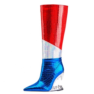 Teeth Shape Heels Wide Fit Women's Big Size 46 Knee High <b>Boots</b> Ladies Mixed Colors Shoes Wedge Heel on Long Booties - Product Image 2