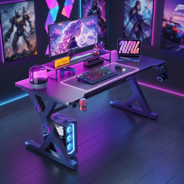 White L-shaped Metal Gaming Desk with Carbon Fiber Surface RGB LED Lighting High-quality Laptop Gaming Desk Eco-Friendly Design