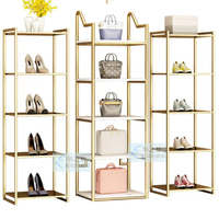 Étagères de présentation de chaussures à talons hauts dorées autoportantes, présentoirs en bois pour sacs à main, support de table pour chaussures et sacs en magasin