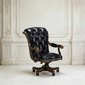 Fauteuil <span class=keywords><strong>de</strong></span> Direction Pivotant en Cuir Pleine Fleur Noir Style Baroque <span class=keywords><strong>Vintage</strong></span> avec Accoudoirs en Bois Rustique Antique et <span class=keywords><strong>Roulettes</strong></span> - Product Image 1