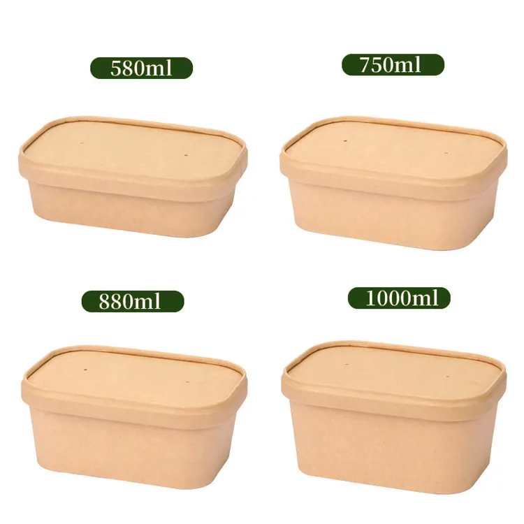 Cuenco de papel Kraft para llevar, cajas desechables para ensalada, pulpa de bambú, papel Rectangular, contenedor de comida, proveedor con tapa