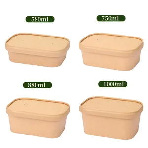 Kraft Paper Bowl Takeout Boxes Disposable For Salad Bamboo Pulp Rectangular Paper Food Bowl Container Supplier With Lid