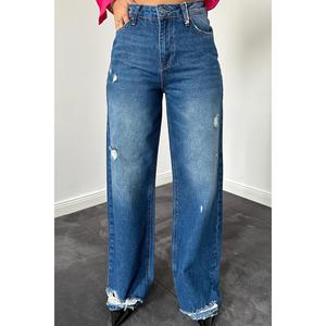 Pantalon évasé taille haute en jean bleu découpé au laser pour femme, respirant, coupe large, taille XL, en denim foncé, vente en gros - Product Image 5