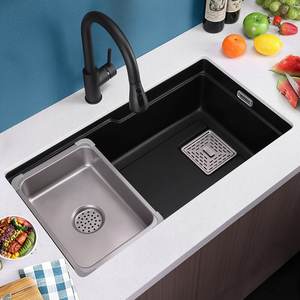 Fregadero de Cocina de Granito Negro y Cuarzo, de un Solo Tazón Grande, para Instalar Bajo Encimera, Engrosado, Fácil de Limpiar - Product Image 1