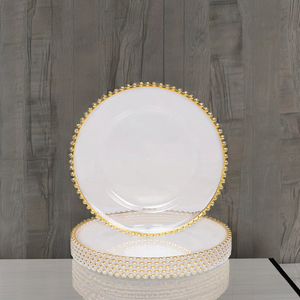 <span class=keywords><strong>Assiette</strong></span> de présentation ronde en <span class=keywords><strong>plastique</strong></span> transparent de 13 pouces avec bord doré et perles dorées pour décoration de mariage et dîner de fête - Product Image 2