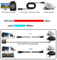 Kabel Data pengisian daya USB 3.0 Tipe C ke C, Transfer Data sudut kanan 90 derajat, kabel Tautan VR untuk bermain game untuk Quest 3S/3