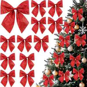 24 PCS <b>Red</b> Glitter Bow <b>Ornament</b> Festive Tree Wreath Gift Package Holiday Party Home Decoration Christmas Bows - Product Image 2