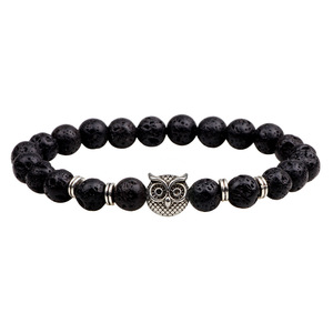 Pulsera de piedra volcánica de lava negra de 8mm para hombre, cuentas de búho de aleación, pulsera elástica para regalo - Product Image 4