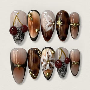 Vente en gros d'usine de nouvelles manucures florales françaises de luxe, 30 pièces par paquet, faux ongles courts réutilisables et durables <span class=keywords><strong>à</strong></span> pression - Product Image 2