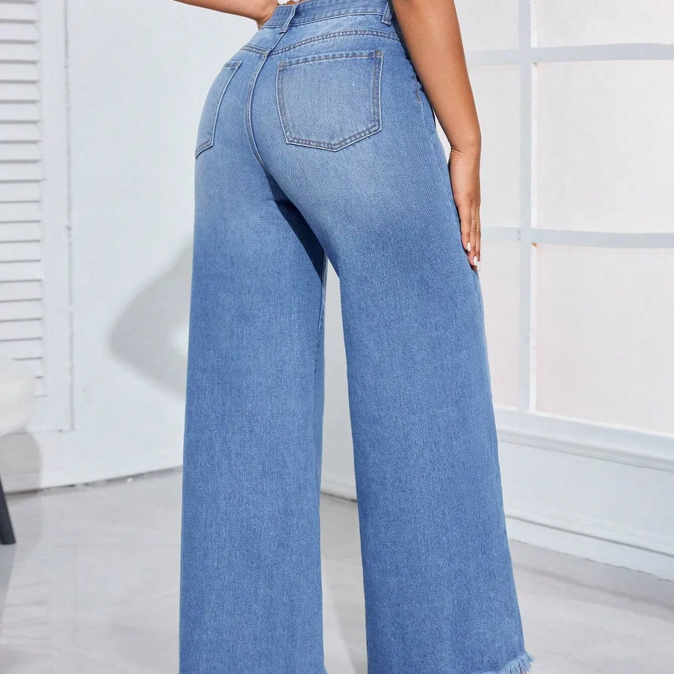 New Design Fashion Wide Casual Single Button High Waist Women Jeans Pants Wholesale