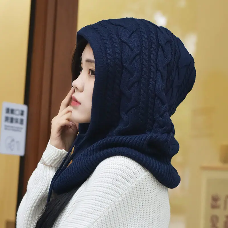 Chapéu de inverno para mulheres, gorro de malha de lã com capuz e pescoço, aquecedor de inverno, gorro de malha