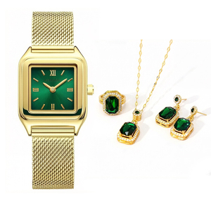 BESSERON Montre carrée dorée tendance pour femme et ensemble collier, bague et boucles d'oreilles, logo personnalisé pour votre marque - Product Image 3