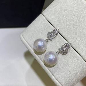 wholesale fine Jewelry S925 <b>Silver</b> Leaf Zircon Freshwater Pearl Dangle <b>Earrings</b>, 10-11mm Round White Pearl <b>Drop</b> <b>Earrings</b> - Product Image 1