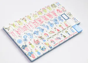 Jeu de Mahjong Américain Coquette Rose avec Nœud et Rayures Bleues - 166 Tuiles Acryliques Pastel avec Motifs d'Oiseaux et d'Unicorns Féminins - Product Image 3