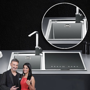 Évier de cuisine intelligent numérique caché Kahnos Single Nano Black, fait à la main, sous plan, compatible lave-vaisselle et trois trous - Product Image 1