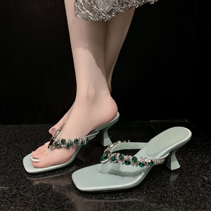 Sandalias de tacón de aguja con diamantes de imitación esmeralda 2026 para mujer, con punta cuadrada, tacón alto, chanclas para exteriores, tallas grandes hasta la UE42 - Product Image 2
