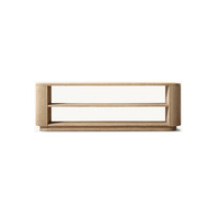 Table basse de luxe RH Mulholland en bois de chêne massif, meuble TV avec piliers verticaux texturés, deux étagères ouvertes, salon moderne