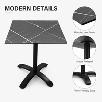 Table de bistrot moderne de 60 cm carrés, aspect marbre, avec base en piédestal noir pour café, restaurant, hôtel, salle à manger
