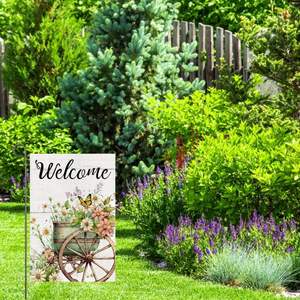 Spring Floral <b>Garden</b> 12X18 Inch Double Sided Wagon Wheel and Flowers Welcome Burlap Yard <b>Flag</b> for Outside Farmhouse Fro Ttj - Product Image 1