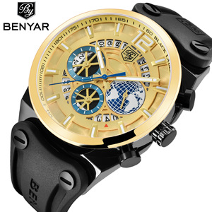 Montre à quartz analogique pour homme Benyar, chronographe, boîtier en alliage de 17 mm, bracelet en cuir noir, étanche 30 m, BY-5141M - Product Image 2
