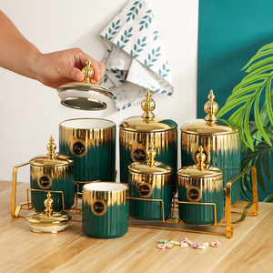 Luxus <span class=keywords><strong>Gold</strong></span> Heimküche 7er Keramikkanister Tee Kaffee Zucker Salzbehälter-<span class=keywords><strong>Set</strong></span> mit Bambusdeckel - Product Image 4