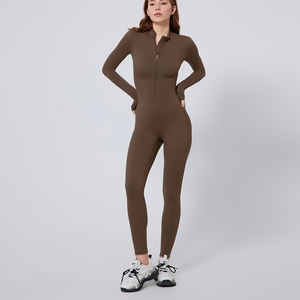 Venta al por mayor de conjuntos de gimnasio Fitness de secado rápido de una pieza mono de manga larga Yoga Ropa deportiva Entrenamiento Diseño de cremallera Body de mujer - Product Image 3