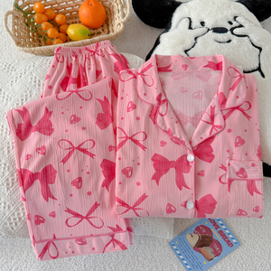 Ensemble de pyjama long à manches longues pour <span class=keywords><strong>femme</strong></span> en tissu froissé, style français romantique et doux, collection printemps/automne - Product Image 3