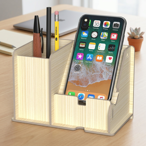 Organizador de Escritorio de Bambú, Soporte para Teléfono, Portalápices, Bandeja de Almacenamiento Multifuncional para Oficina, Diseño Simple para Escritorio - Product Image 4