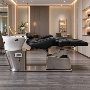 Nuevo Modelo 2023, Sillas de Champú Eléctricas Modernas con Base de Acero Inoxidable Plateado y Tapicería de Cuero PU Negro, Altura Ajustable, Comerciales - Product Image 4