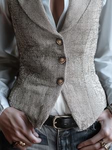 Chaleco de Mujer Tejido de Lana, Corte Entallado, Estilo Vintage |   Trajes de Oficina Ecológicos con Cuello en V y Patrón Espigado para Mujer, Temporada Primavera/Otoño - Product Image 4