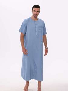 Men's <b>Light</b> Blue Cotton Burqa <b>Neck</b> Short Sleeve Ankle Length Modest Prayer Robe Solid Color Breathable Middle Eastern Casual All - Product Image 2