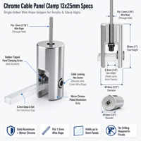 Support de câble Walron WAC-1325-CP 1,5 mm, pince de fixation pour panneau acrylique, pour matériaux en aluminium de 2 à 4 mm, chromé