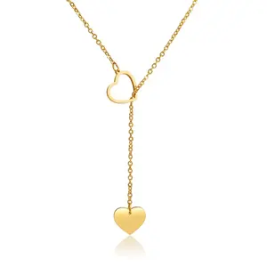 MECYLIFE Dainty Fashion Y Shape Women Lariat Necklace Elegant Stainless Steel Double Heart Necklace