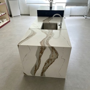 Îlot de cuisine personnalisé en quartz blanc <span class=keywords><strong>avec</strong></span> évier et tiroirs intégrés, bord cascade, design de meuble moderne OEM, grand espace de rangement - Product Image 3