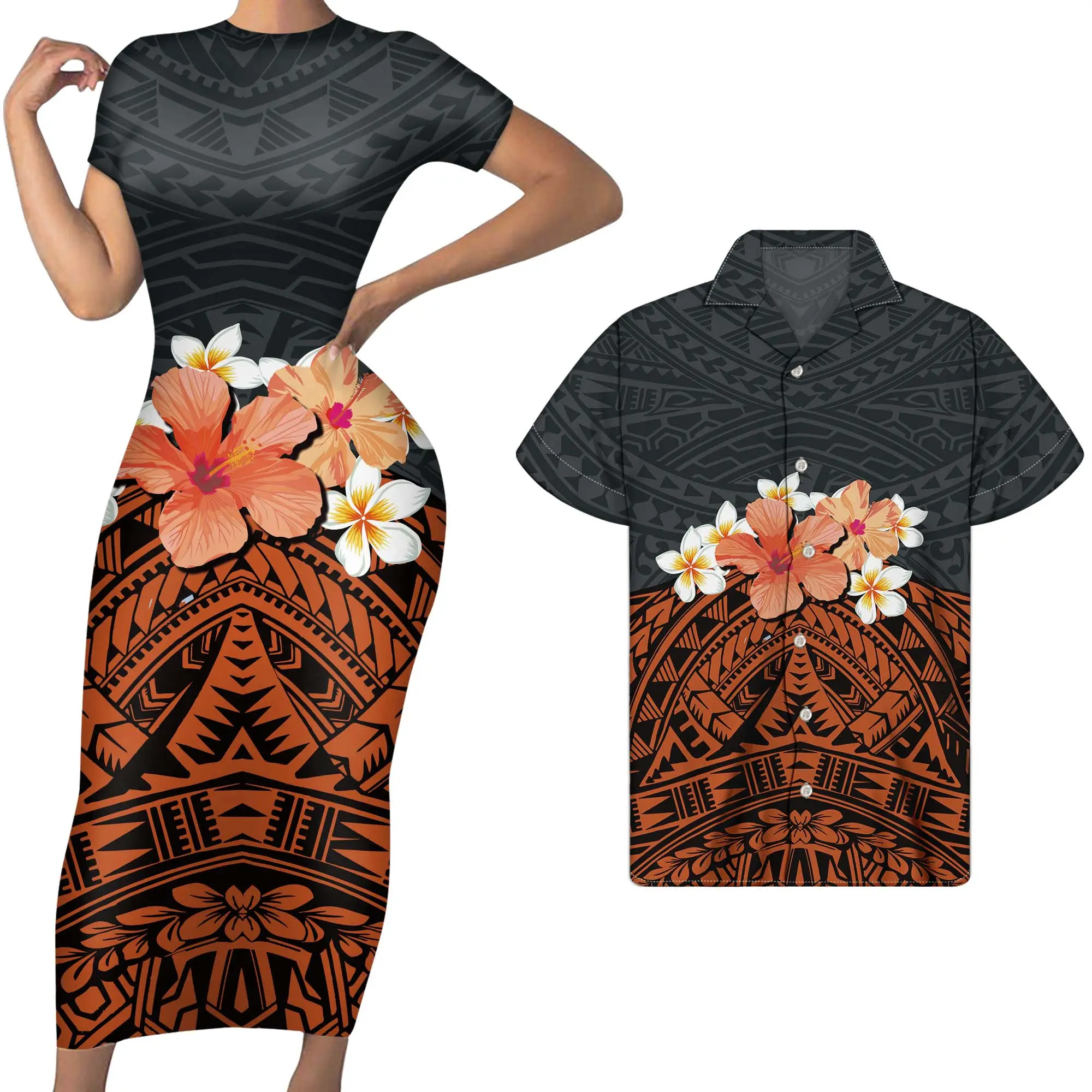 Polynesische Tribal Bodycon Jurk & Mannen Shirt Paar Jurk Tribal Paar Kleren Casual De Tribale Paar Kleding