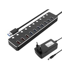 Alimentation 12V3A USB 3.0 5 Gbps Transfert de données Charge rapide Répartiteur USB 10 ports Hub 10-en-1 en alliage d'aluminium en stock