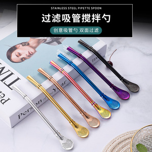 304 Stainless Steel Filter Straw Spoon Double Ring Reusable <b>Tea</b> <b>Infuser</b> For Milk <b>Tea</b> Coffee Juice Stirring Spoon - Product Image 5