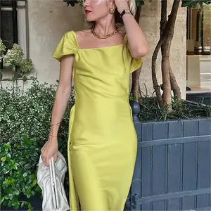 Женское атласное платье-макси на бретельках, элегантное желтое платье с квадратным вырезом и открытой спиной, на лето