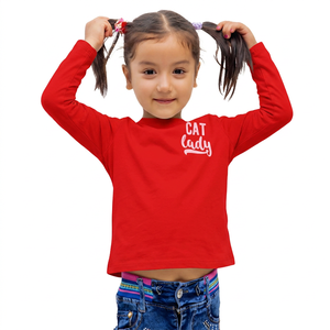Red Long Sleeve <b>T</b>-Shirt For Kids <b>Cat</b> Lady Print O-Neck Casual Jersey Cotton Top With Letter Design Left Chest - Product Image 1