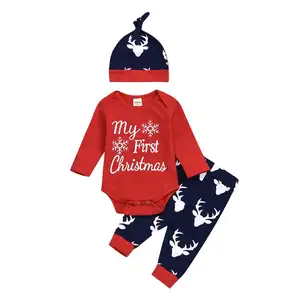 Vendita calda Del Bambino Del Pagliaccetto + Leggings + Cappello La Mia Prima Di Natale Vestiti Del Bambino Set Neonato Neonati Vestito