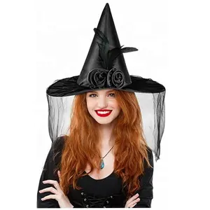 Halloween Hat Women Rose Net Witch Hat Wicked One Side Veils (Half Veil) Costume Cosplay Party