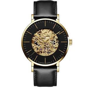 Hannah Martin fábrica precio al por mayor esfera redonda moda analógico completo Acero inoxidable automático calendario mecánico reloj para hombres