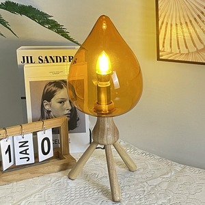 Flame Effect Table <b>Lamp</b> E27 LED 220V Wooden Tripod Base Bedroom Night Light Decorative Water Drop Shape Ambient Lighting - Product Image 1