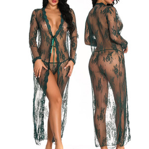 روب نسائي شفاف ومثير من الشبك طويل حريري ورقيق لانجري للنوم - Product Image 4