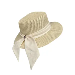 Kadınlar için zarif yay düz üst hasır şapka yaz düz kenar güneş koruma ve gölgeleme şapka açık gezileri için plaj şapkaları