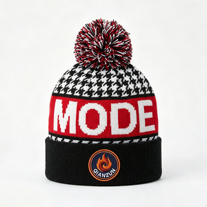 British Retro Style Houndstooth Patterned Winter Jacquard Knit <strong>Hat</strong> Tricolor Red Black Cuffed <strong>Bobble</strong> Skull Cap Pom Beanie BSCI - Product Image 1