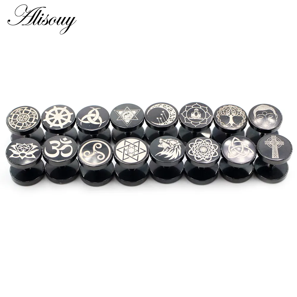 Alisouy 2 piezas Luna flor Cruz estrella León Acero inoxidable Unisex hombres mujeres Barbell oreja Stud pendiente Tragus Helix Piercing joyería