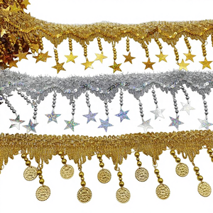 ZSY DIY Tissu en dentelle à paillettes au crochet, motif pièce de monnaie, non extensible, 100% Polyester, 45mm, avec bordure tressée or et argent et pompon cloche découpé au laser - Product Image 4