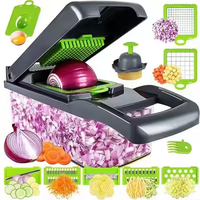 16-delige multifunctionele handmatige plastic groentehakker met roestvrijstalen mes, alleen handwas, uien- en fruit snijder