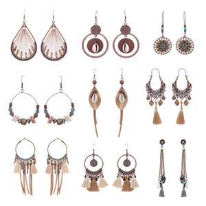Pendientes bohemios con borlas, pendientes colgantes de aleación de cobre con conchas para mujer, conjunto de joyería para fiesta, pendientes largos con flecos chapados en bronce antiguo - Product Image 5